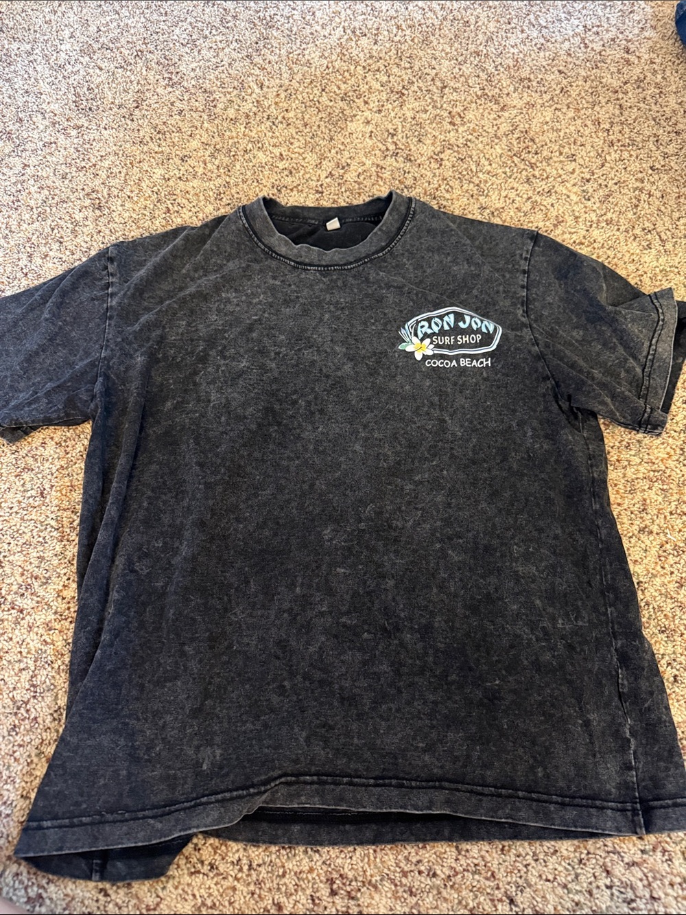 Ron Jon Black Washed Short Sleeve Tee with Small Blue & Yellow Logo